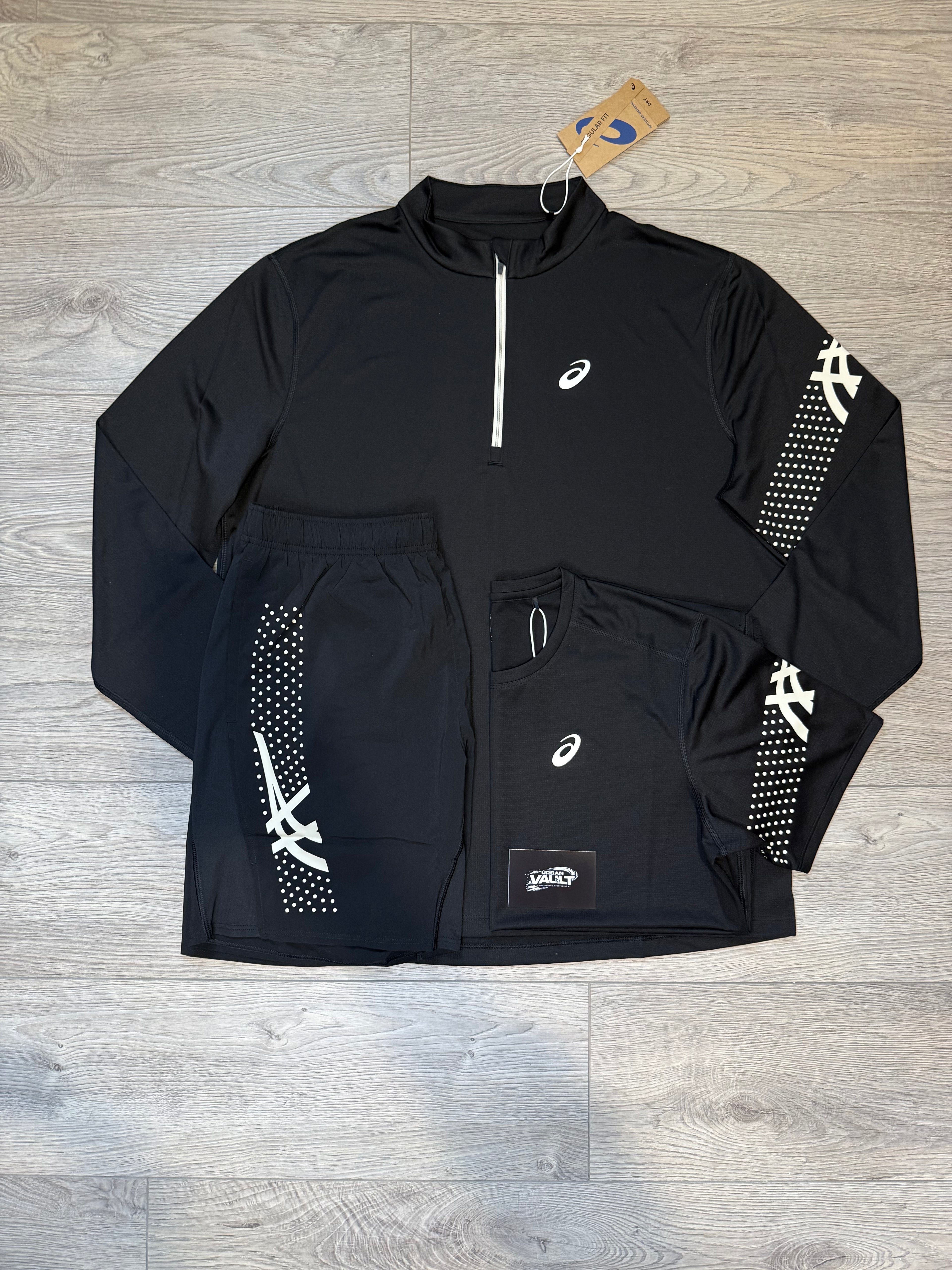ASICS 3 piece 1/4 zip icon set in Black/creme