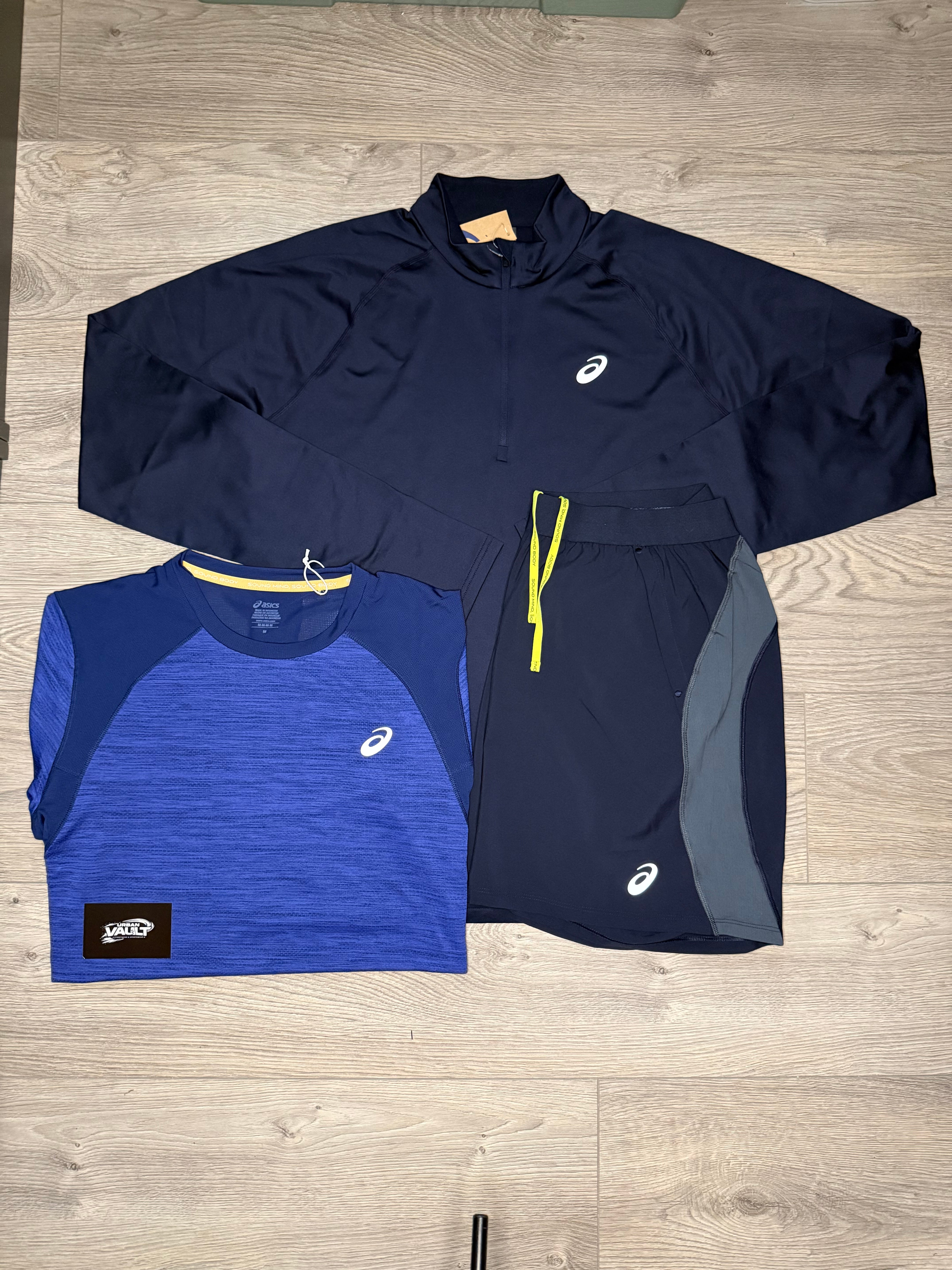 Asics 3 piece 1/4 zip icon set in Black/creme – Urban vault