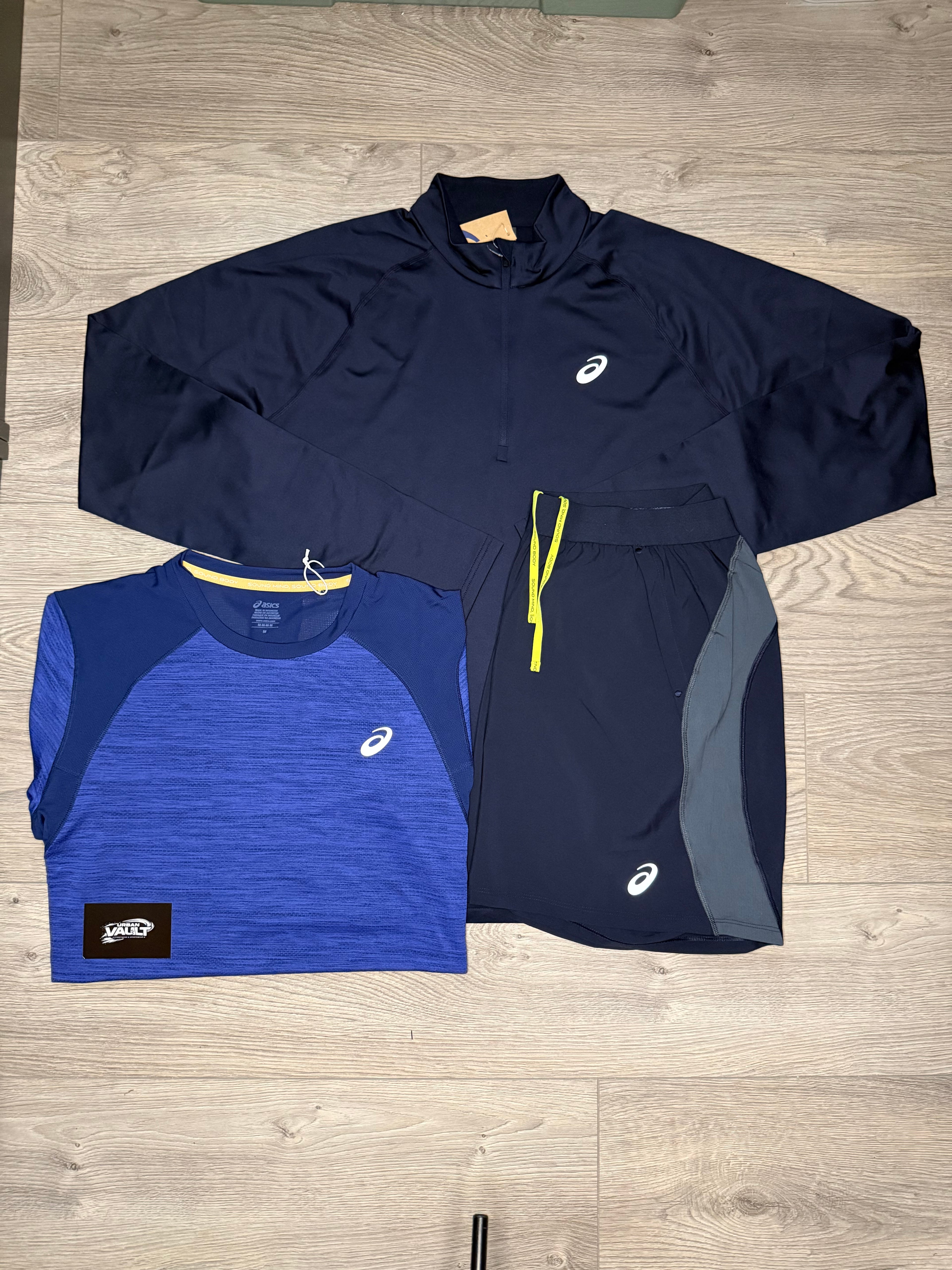ASICS 1/4 zip 3 piece set “midnight/blue”